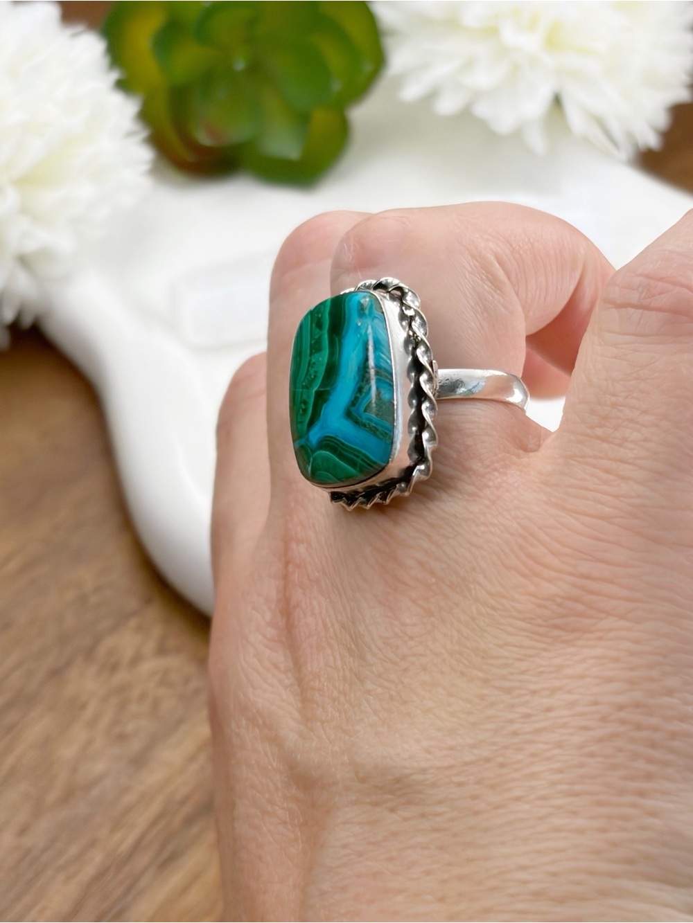 Chunky Malachite Chrysocolla Ring Size 7 1/4 7.25 Vintage Boho Southwest Style - Picture 3 of 7